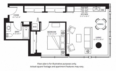 Floor plan for 1 bed, 1 bath, 762 sqft